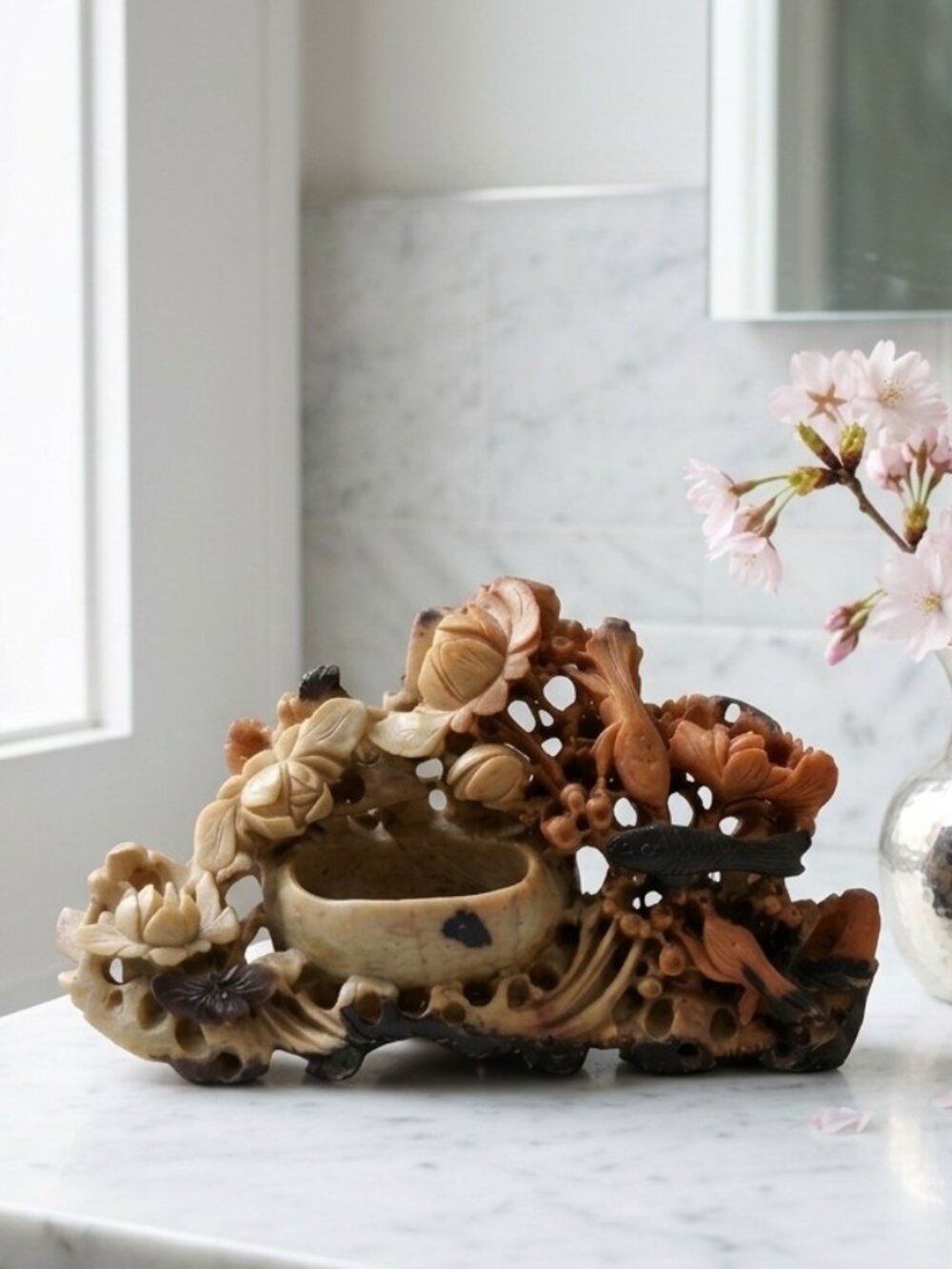 Vintage Chinese Soapstone Koi & Lotus Brush Washer